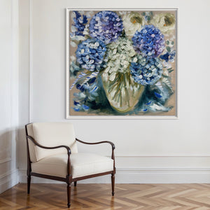 Powder blue hydrangeas - Original on Belgian linen 90x90cm