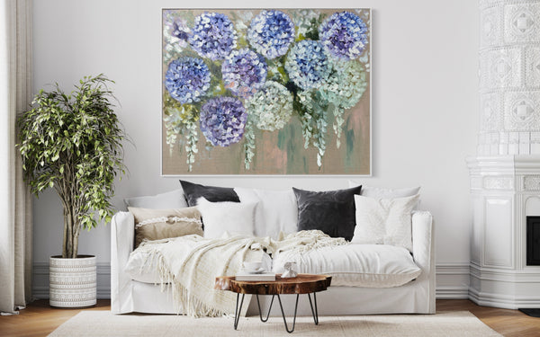 Cascading hydrangeas -Original on Belgian linen  120x150  Cm