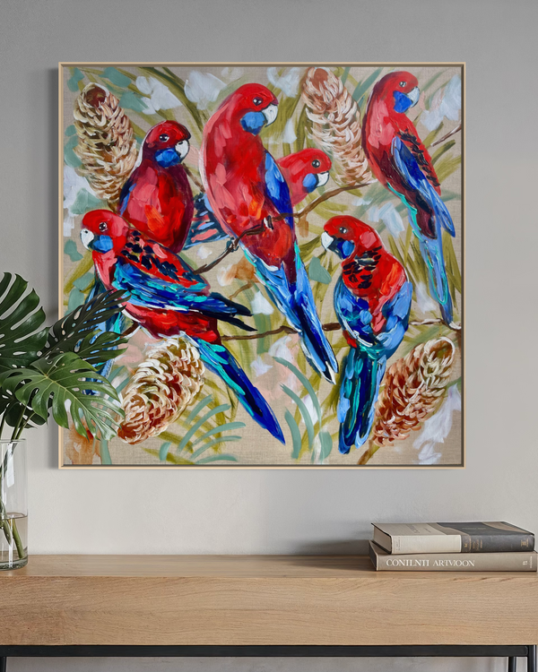 Crimson Rosella and banksia - Original on Belgian linen 90x90 cm