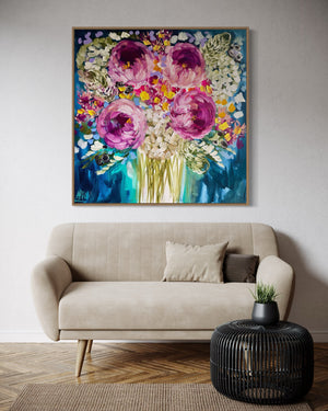 Midnight Peony and banksia -original on gallery canvas - 90x90 Cm