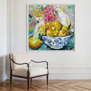 Tutti Fruiti Cockatoos -original on Belgian linen   - 90x90 Cm
