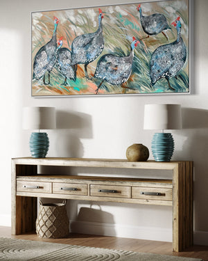 Guinea fowls foraging- Original on Belgian linen  75x150 Cm