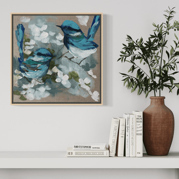 Blue wrens and blossoms 1 - original  on Belgian linen 30x30 cm