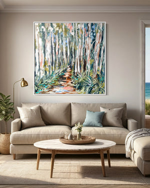 Shaded misty gum trail-Original on Belgian linen 120x120 Cm