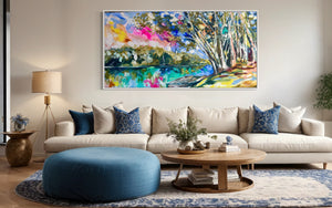 River Gums at dusk- original on gallery Canvas 90x180cm