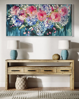 Moonlit peony and hydrangea -Original on gallery canvas 75x150 cm