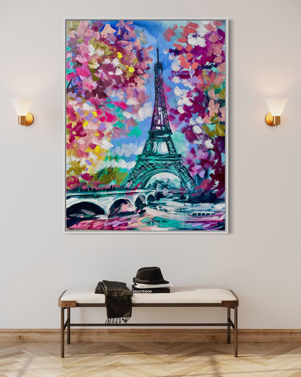 Cherry blossoms in Paris -original on Belgian linen 75x100 cm