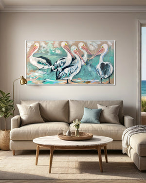 River house pelicans-  Original on Belgian linen  75x150 Cm