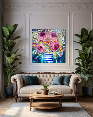 Country Peony and banksia -original on gallery canvas - 90x90 Cm