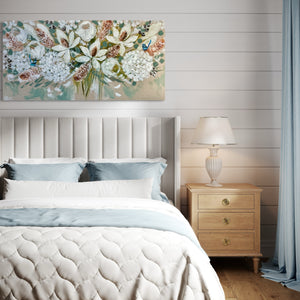 Elegant white Blooms and banksia  - Original on Belgian linen  75x150 Cm