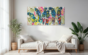 Black cockatoos and banksia -Original on Belgian linen  75x150 Cm