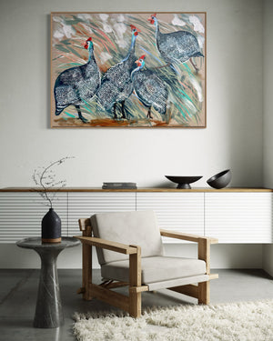 Guinea’s on the run -Original on Belgian linen 75x100 cm