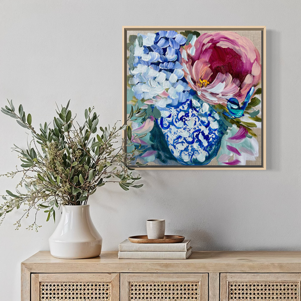 Peony vase 1- original on Belgian linen - 30x30 cm