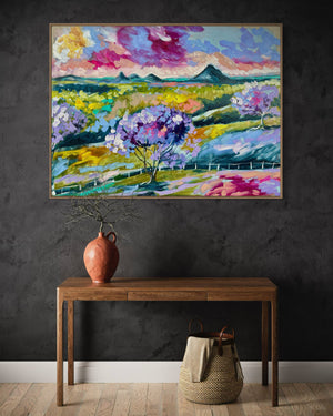 Lilac glow- glass house mountains  -Original on Belgian linen 90x120  Cm