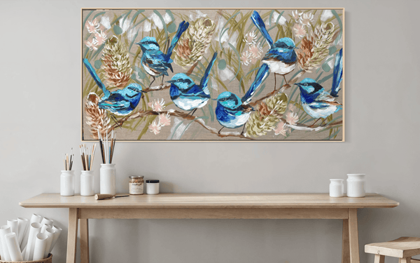 blue wrens, banksia and flowering gum -Original on belgian linen 75x150 cm