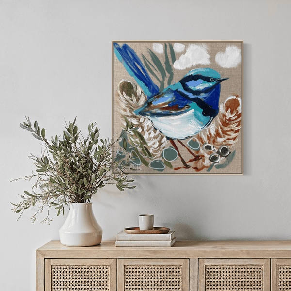 Blue wren 3 -original on Belgian linen 30x30 cm