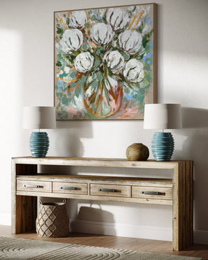 Australian wheat and cotton blooms-original on belgian linen  - 90x90 Cm