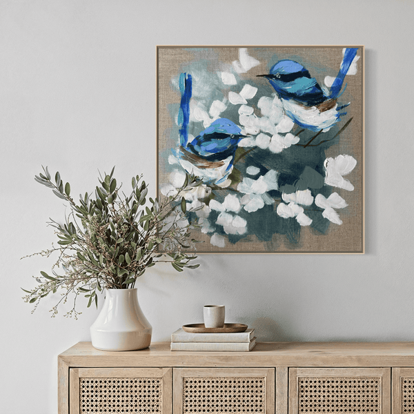 Blue wrens and blossoms 3-original on Belgian linen 30x30 cm