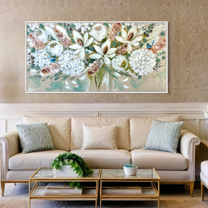 Elegant white Blooms and banksia  - Original on Belgian linen  75x150 Cm