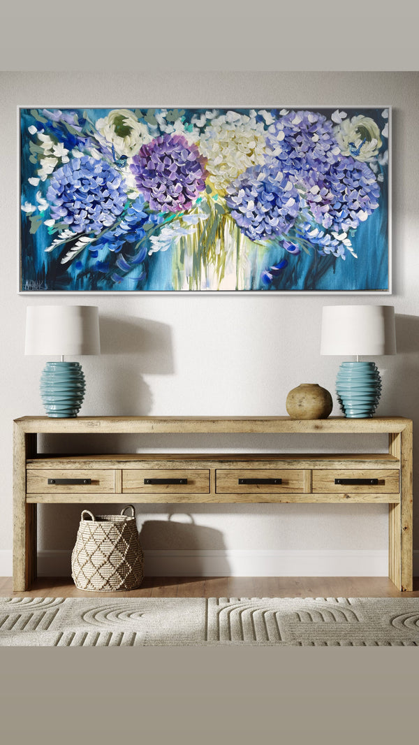 Indigo Summer Hydrangeas -Original on gallery canvas 75x150 cm