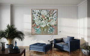 Summer  white blooms and banksia -Original on Belgian linen 120x120 cm