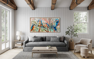 Kingfishers and native bulrushes -Original on Belgian linen  75x150 Cm