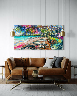 Making memories -noosa main beach -Original on belgian linen  75x150 cm