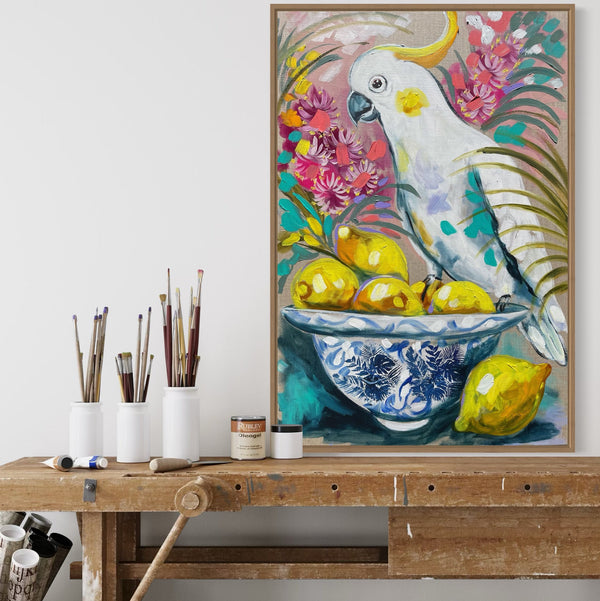 Cockatoo and Lemons -60x90 cm - original on Belgian linen