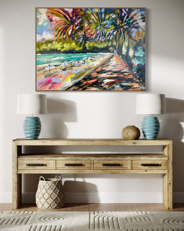 Summer time boardwalk -noosa- original on Belgian linen 75x100  cm