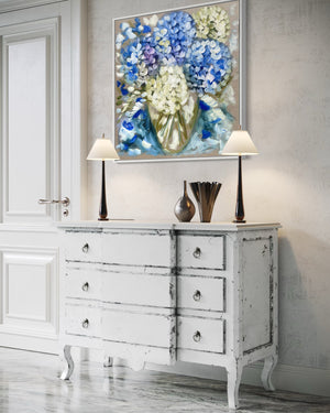 Powder blue Hydrangea- 76x76 cm - original on Belgian linen