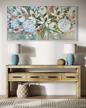 Elegant white Blooms and banksia  - Original on Belgian linen  75x150 Cm