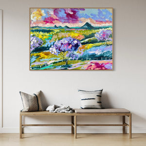 Lilac glow- glass house mountains  -Original on Belgian linen 90x120  Cm