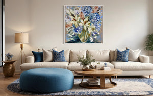 Grand Magnolia and hydrangea -original on Belgian linen   - 90x90 Cm