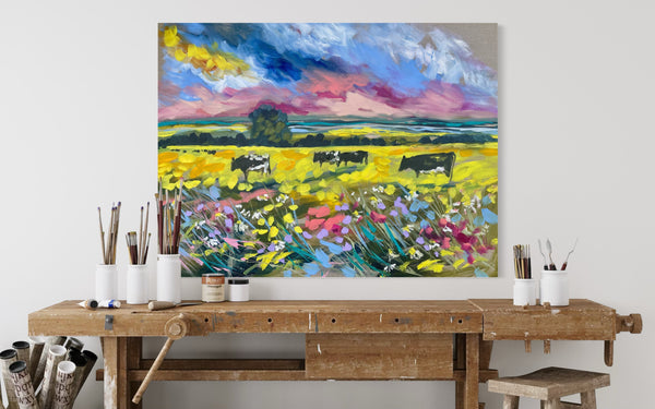 Cattle , canola and wildflowers  - original on Belgian linen  - 75x100 Cm