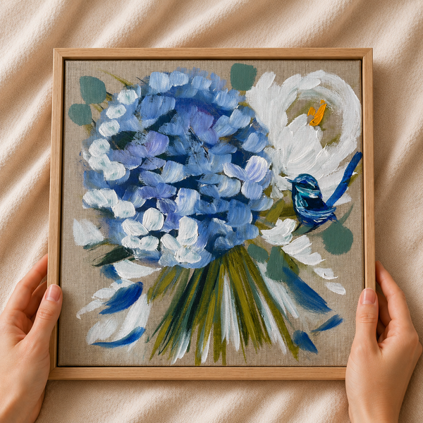 Blue hydrangea and wren 1 -original on Belgian linen - 30x30 cm