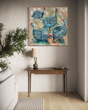 Guinea fowl adventures - 76x76cm -original on Belgian linen