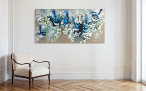 Blue Wrens and cherry blossom -Original on Belgian linen  75x150 Cm