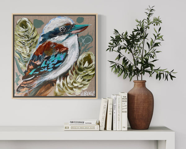 Kookaburra 2- original on Belgian linen 30x30 cm