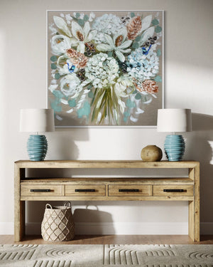 Elegant blooms and banksia -original on belgian linen - 90x90 Cm