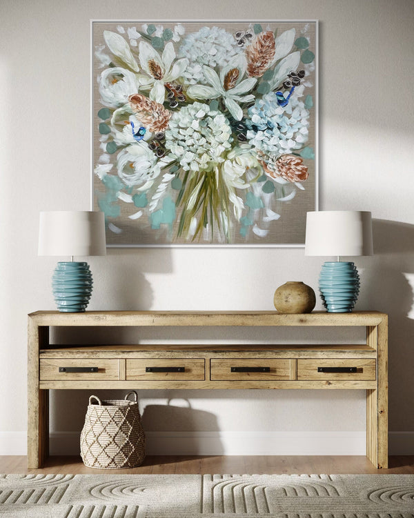Elegant blooms and banksia -original on belgian linen - 90x90 Cm