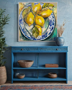 Antique lemon plate   - Original on Belgian linen 90x90cm