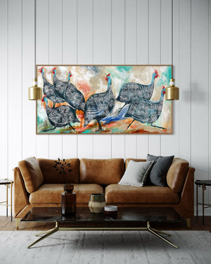 Guinea fowl gathering -Original on gallery canvas  75x150 cm