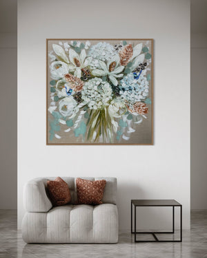 Elegant blooms and banksia -original on belgian linen - 90x90 Cm