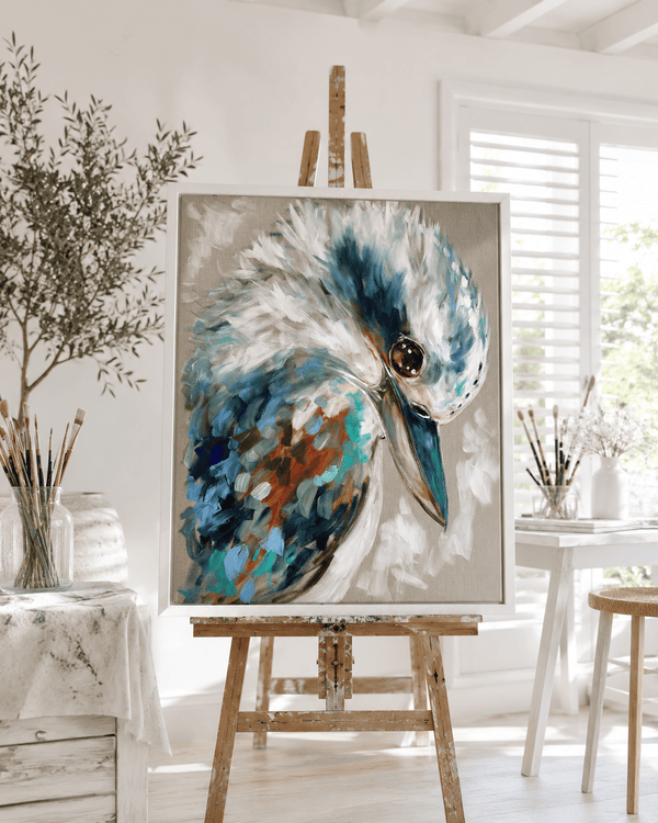 Azure kookaburra  -Original on Belgian linen  90x120 cm
