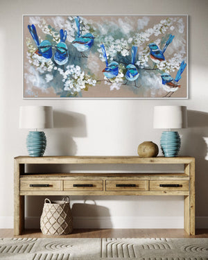 Blue Wrens and cherry blossom -Original on Belgian linen  75x150 Cm
