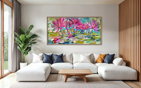 Magenta waterlily - original on gallery canvas 90x180  cm