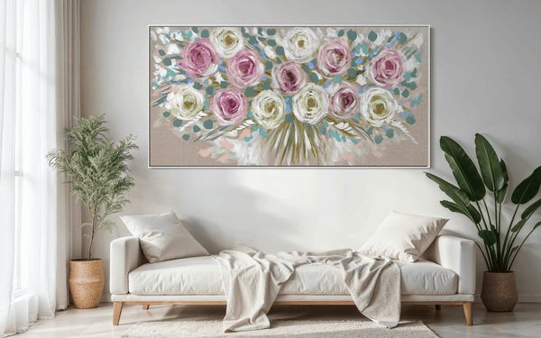 Blush Rose and eucalyptus  - original on Belgian linen 75 x150 cm