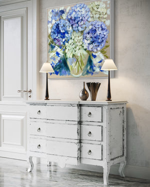 Powder blue Hydrangea- 76x76 cm - original on Belgian linen - lay by welcome