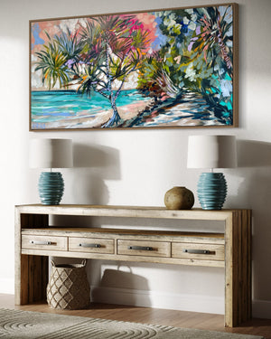 Early morning walk - laguna bay - noosa -Original on Belgian linen  75x150 Cm