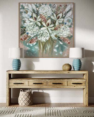 Summer  white blooms and banksia -Original on Belgian linen 120x120 cm